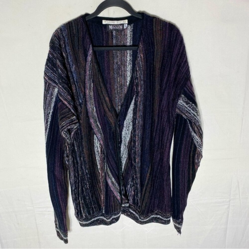 Vintage Megalos Black Purple Gry Striped Textured Knit Button Front Cardigan 2XT